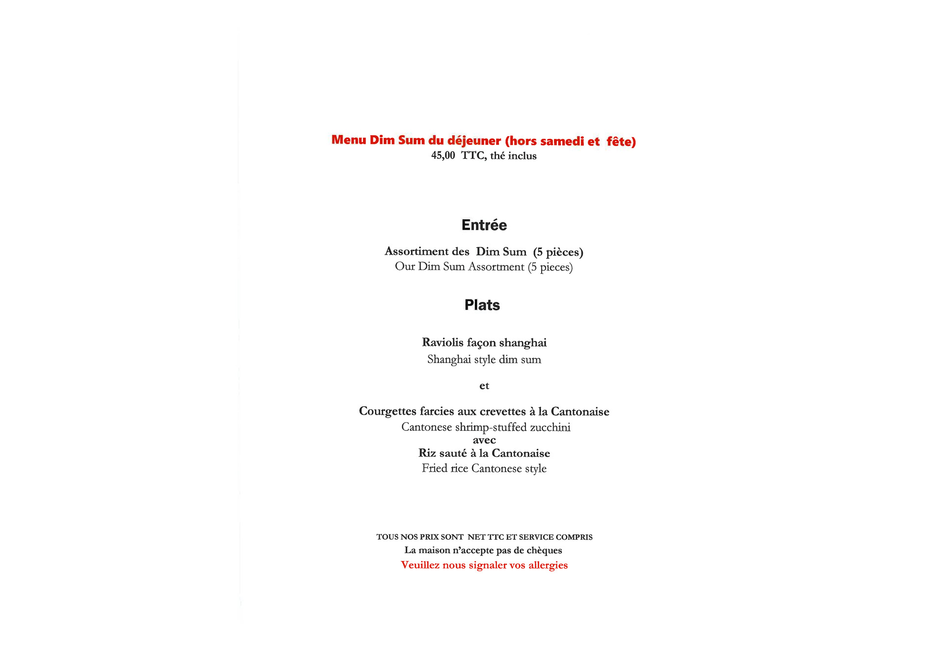 Menu Chez Vong 